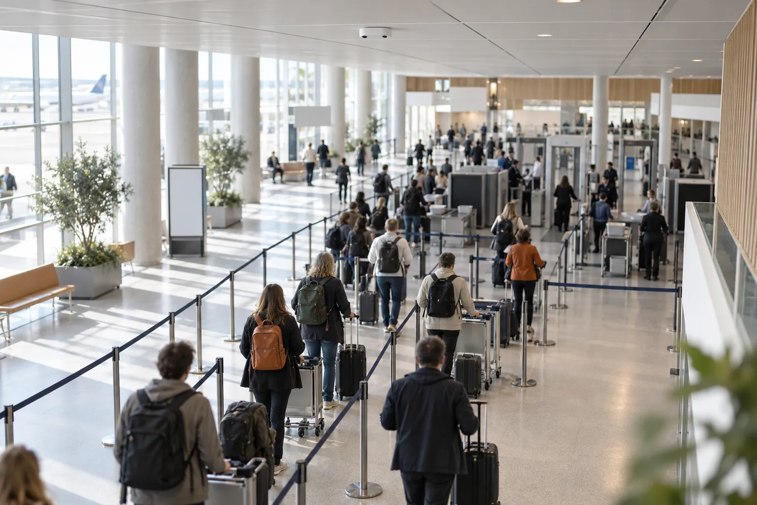 Passageiros numa fila em serpentina no controlo de segurança de um aeroporto