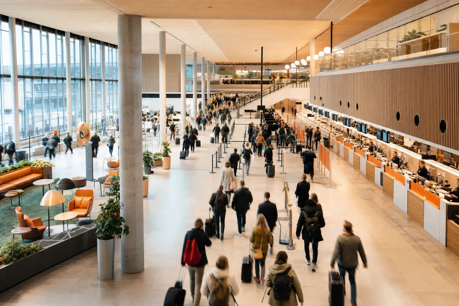 Passagiers met bagage onderweg door een lichte Noordse luchthaventerminal, van check-in naar de gates, met bewegingsonscherpte.