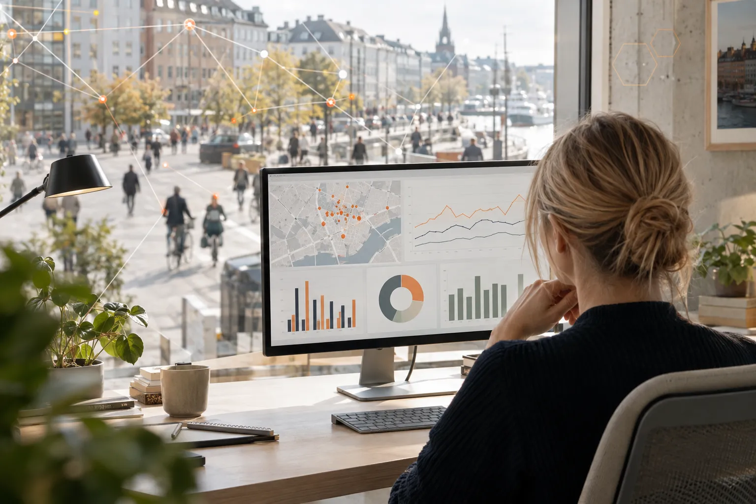 Analytiker går gjennom besøksgrafer med en travel gate utenfor vinduet