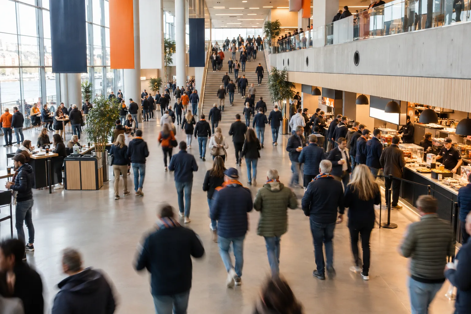 Publikum ved kiosker og trapper i en arenas foajé i pausen