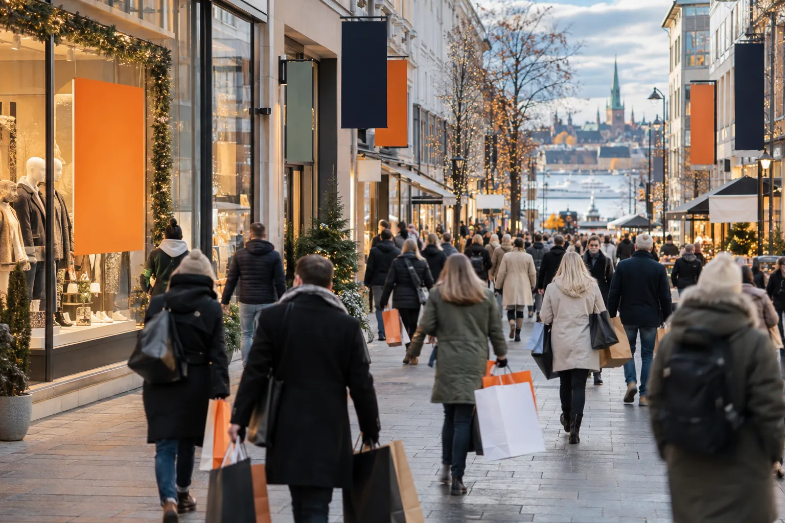 Fullt av folk i en gate i sentrum på Black Friday