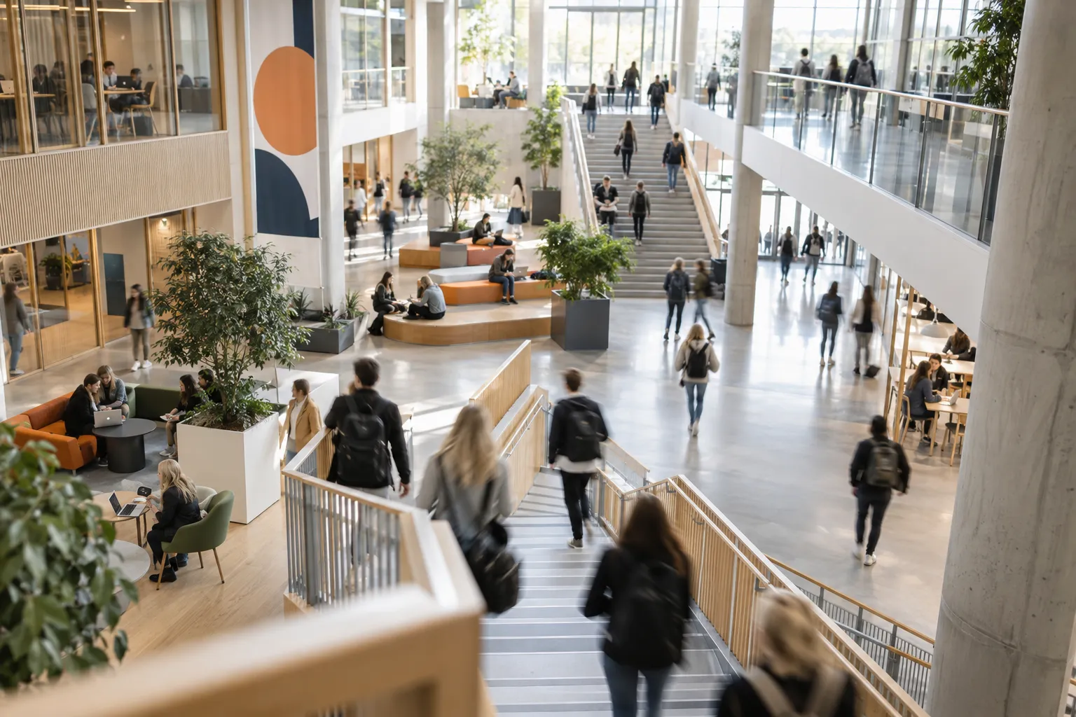 Studenter krysser et lyst atrium på campus mellom forelesningene
