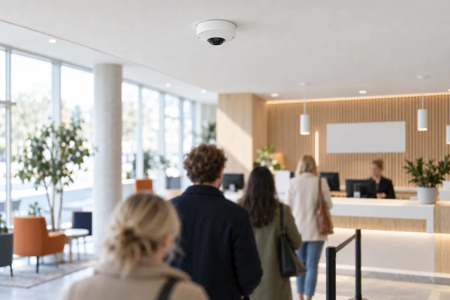 Takmontert tellekamera over en kø ved en servicedisk