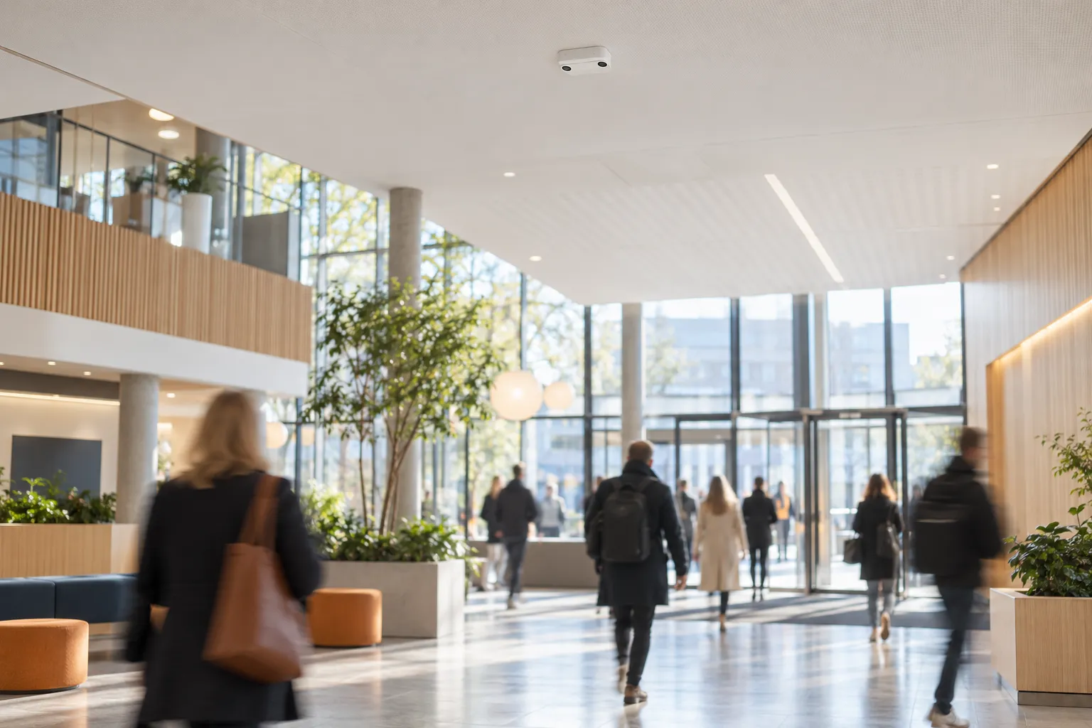 Diskret takssensor i et offentlig rom med mennesker som passerer under