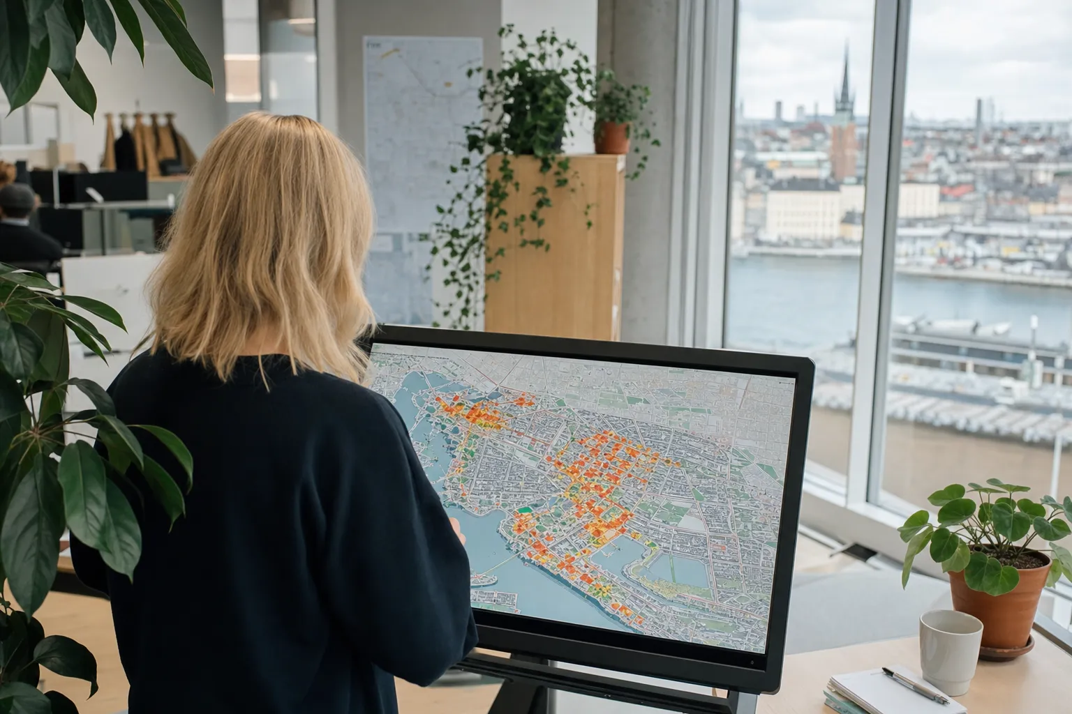 En stadsplanerare, sedd bakifrån, granskar en värmekarta över stadens besöksflöden på en stor skärm i ett ljust Stockholmskontor.