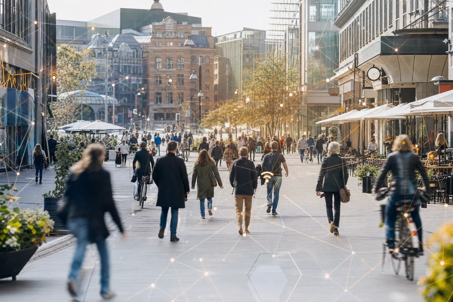 Een levendige autovrije winkelstraat in een Scandinavische binnenstad met winkelend publiek en fietsers, met een subtiel netwerkraster eroverheen.