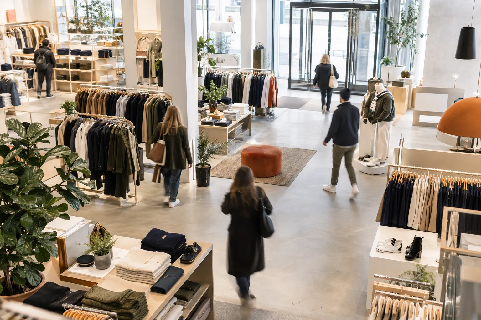 Kunder beveger seg mellom klesstativene i en klesbutikk