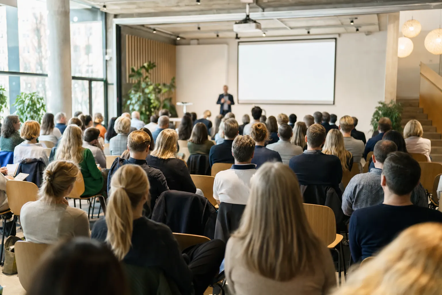 En talare som presenterar på ett affärsevent inför sittande publik, fotograferad längst bak i rummet så att inga ansikten syns.