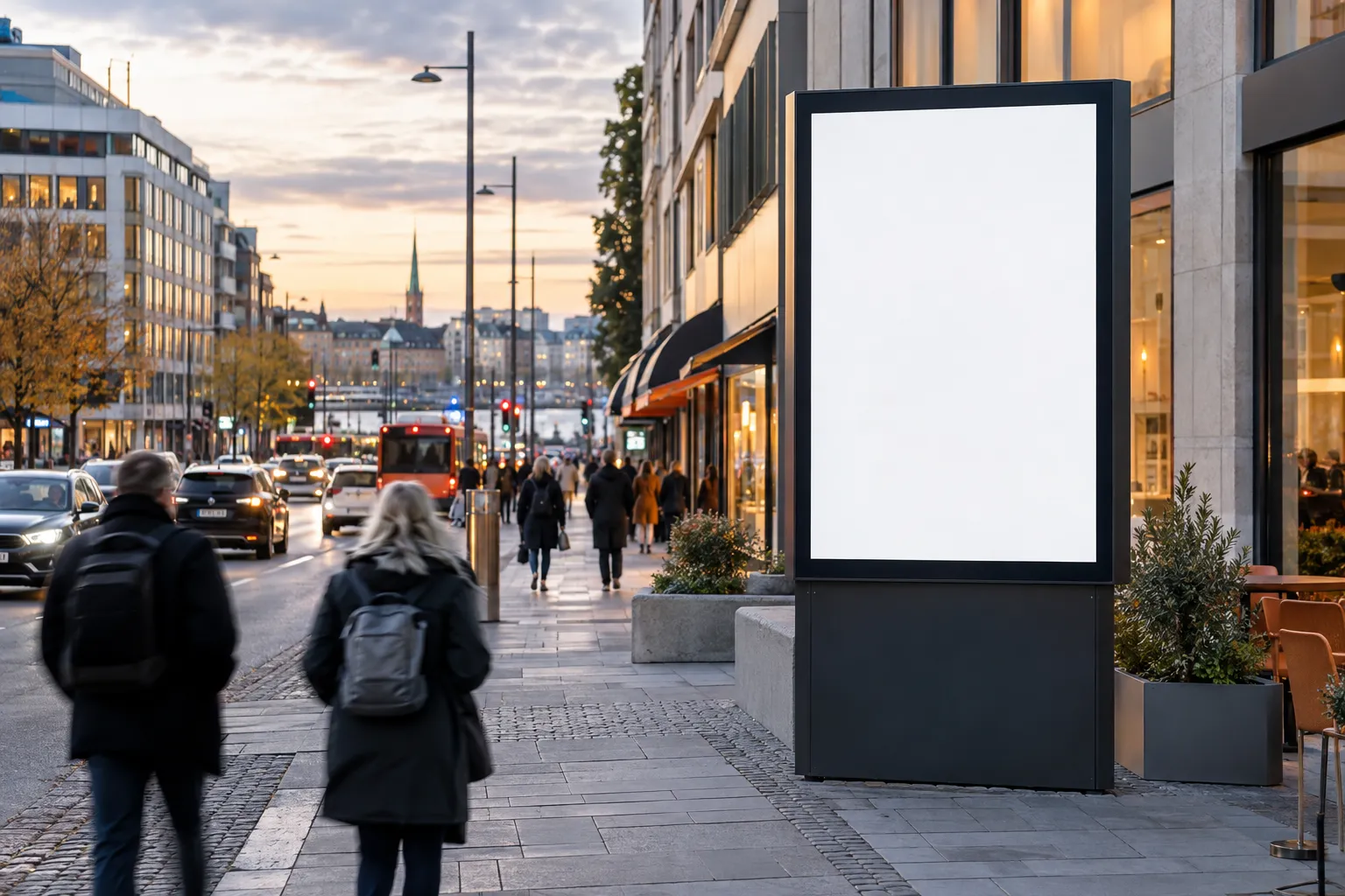 Digital reklametavle ved en travel gate i skumringen