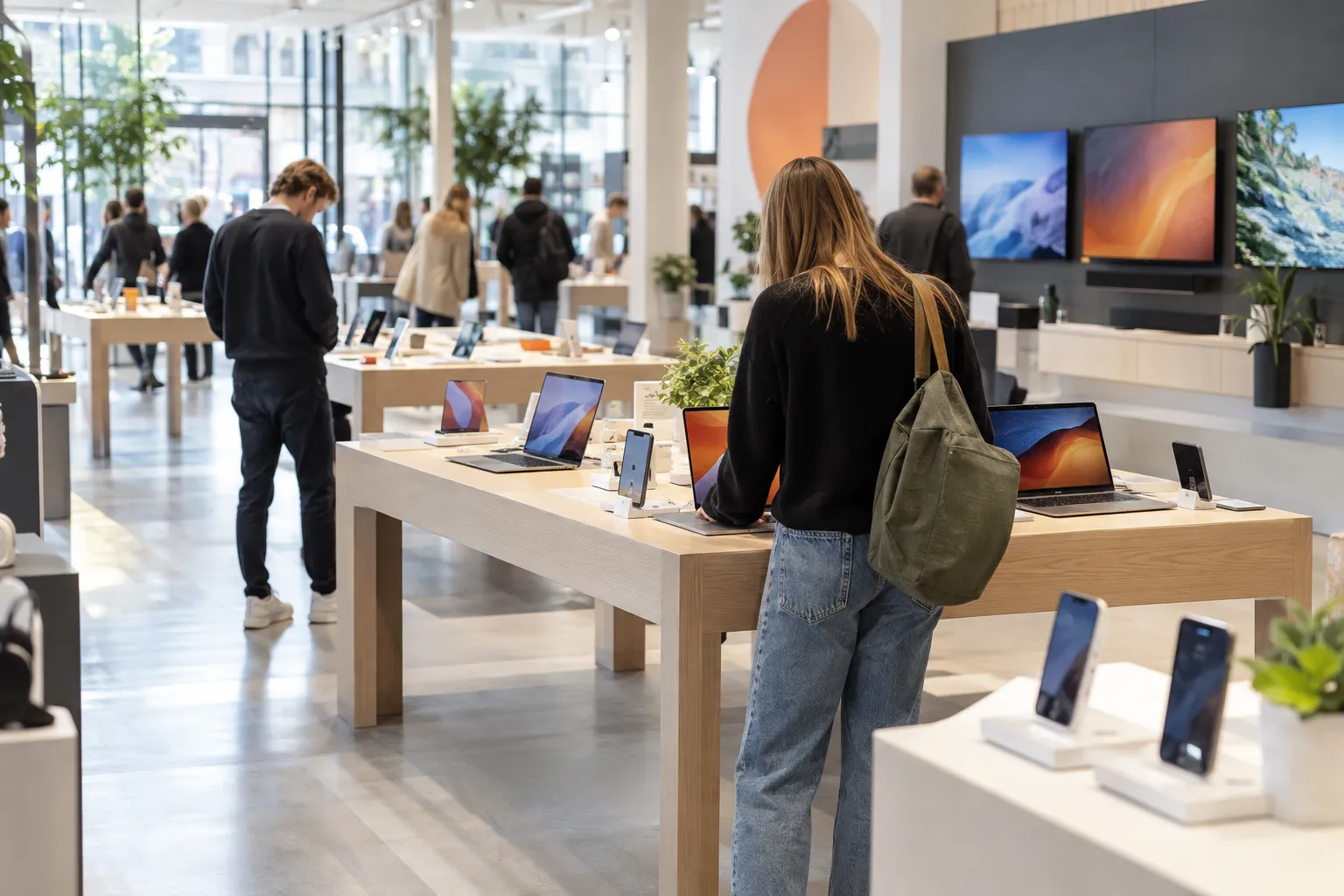 Kunder prøver produkter ved demobord i en elektronikkbutikk