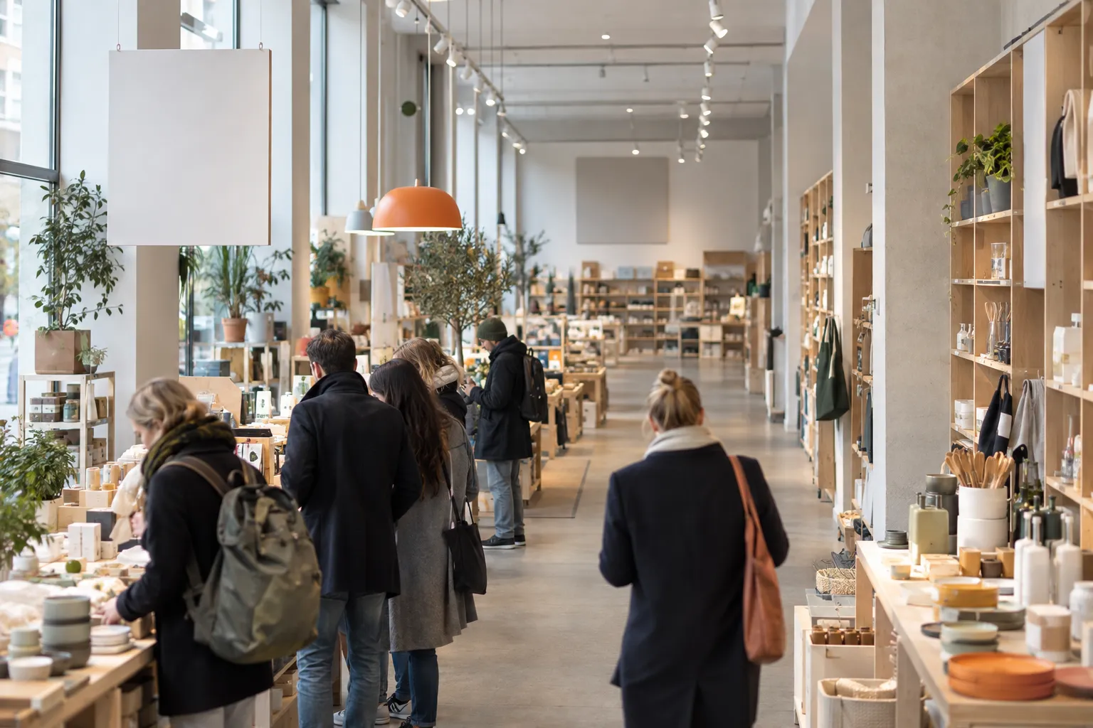Kunder samler seg nær inngangen mens den bakre delen av butikken står tom