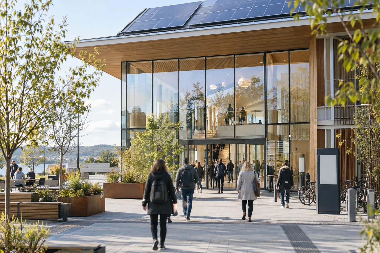 Energieffektivt offentlig bygg med mennesker ved inngangen