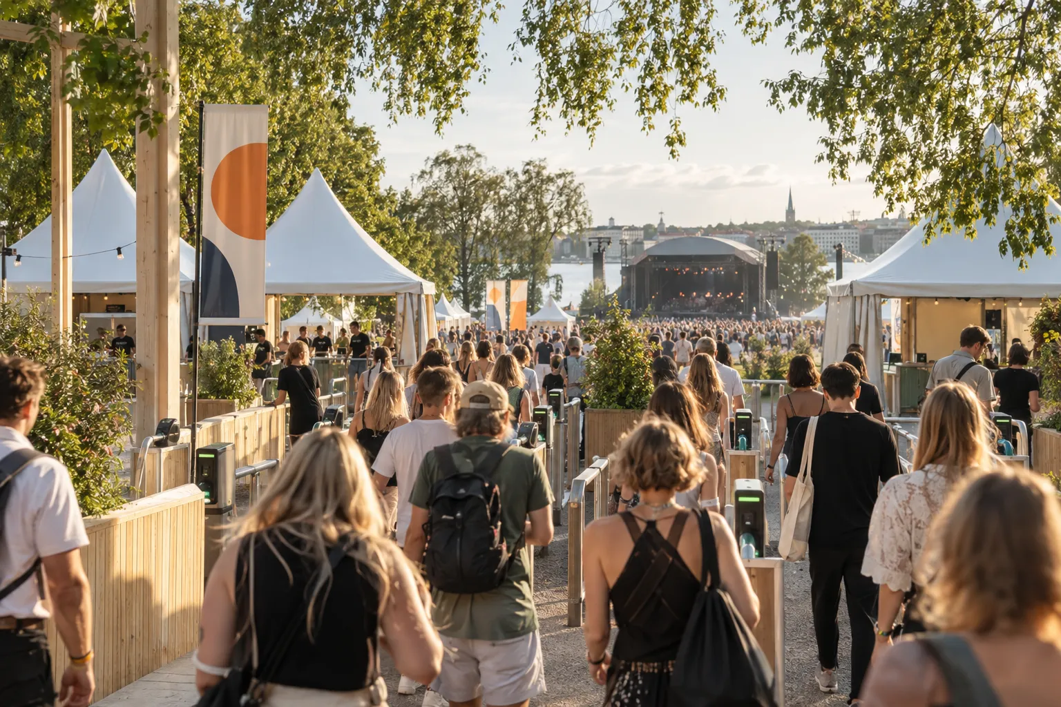Festivalbesøkende går inn gjennom inngangsfilene med scenen i det fjerne