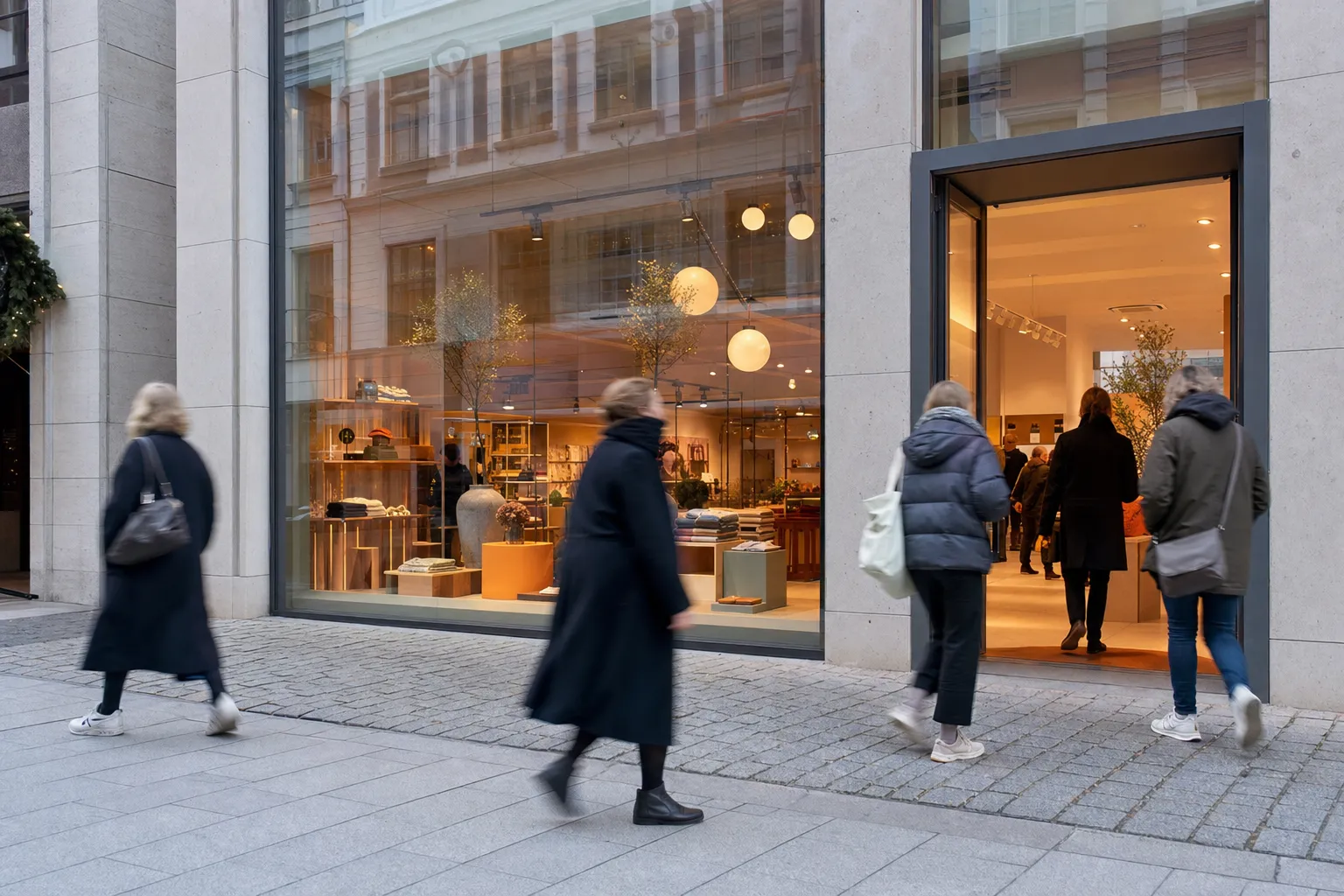 En exklusiv flaggskeppsfasad på en skandinavisk shoppinggata, där förbipasserande saktar in vid skyltfönstret och kliver in, i rörelseoskärpa.