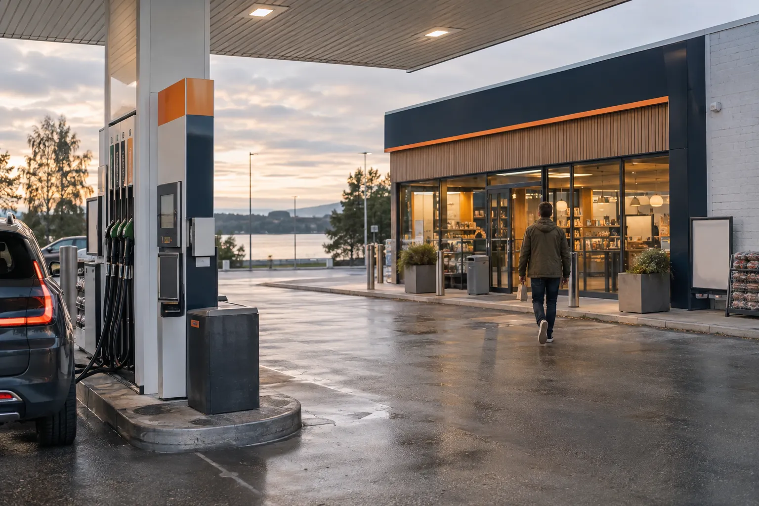 En kunde går fra pumpen til stasjonsbutikken