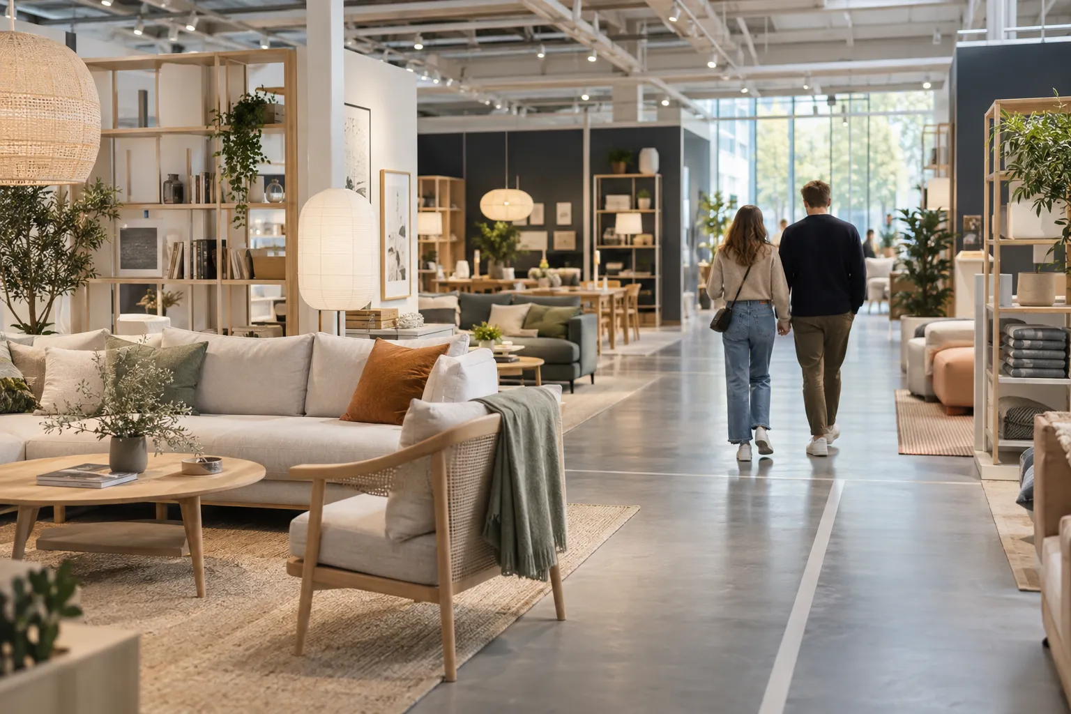 Et par går forbi stueutstillinger i et møbelvarehus