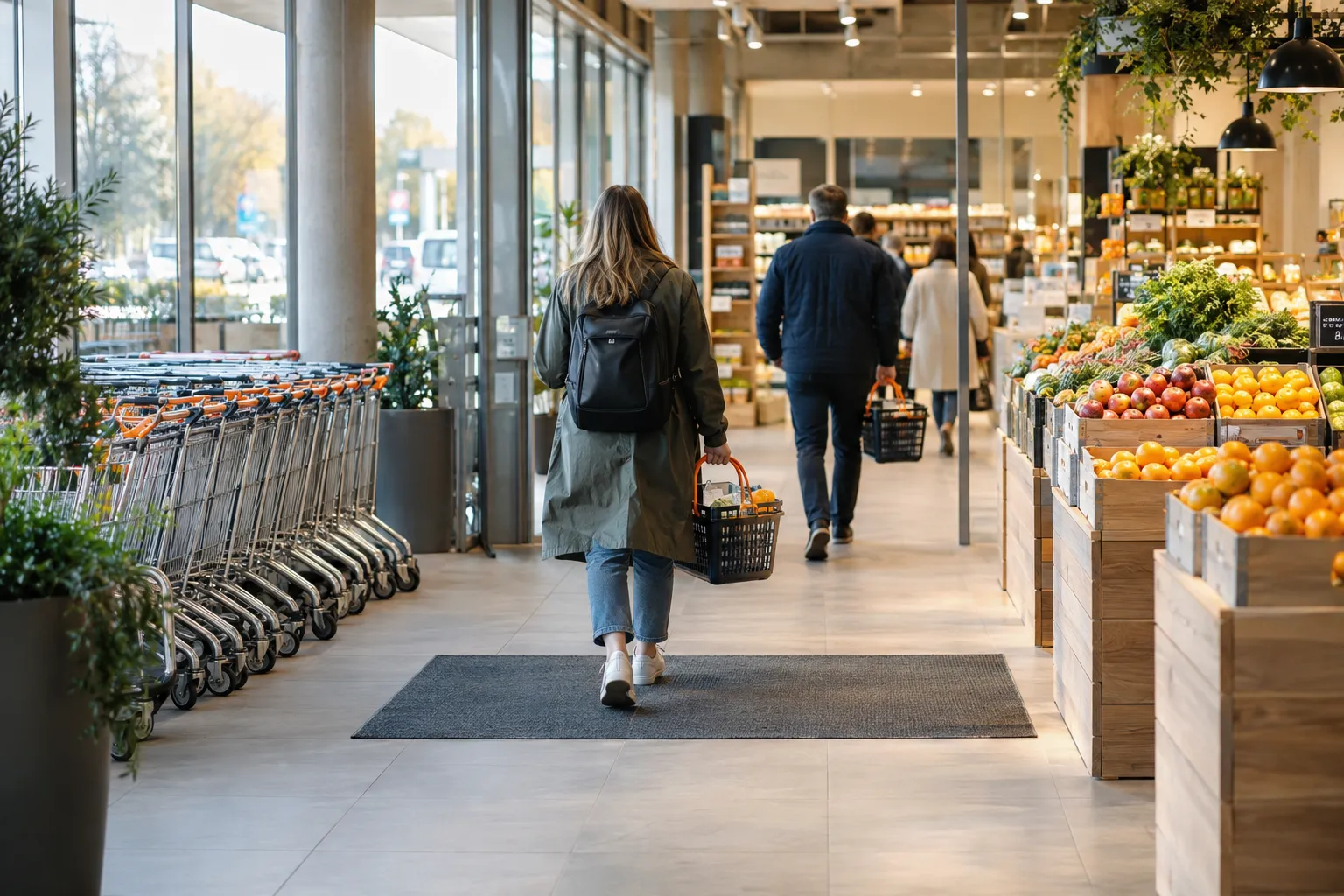 Kunder går inn i en dagligvarebutikk forbi frukt og grønt