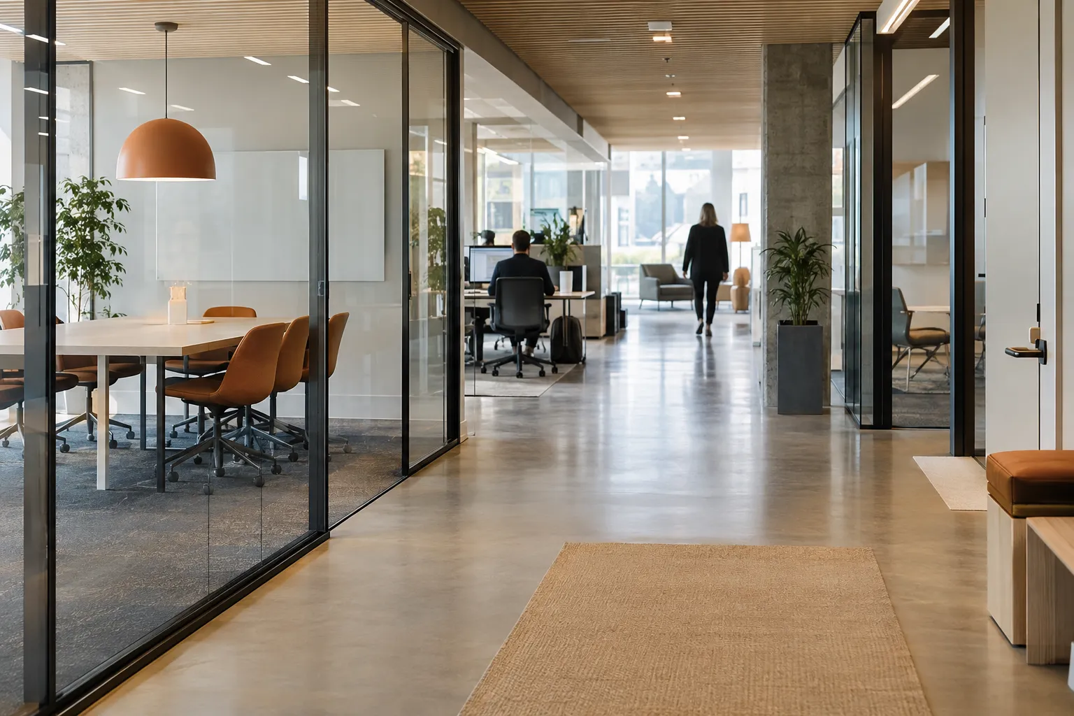 Kontoretasje med halvtomme møterom og skrivebord