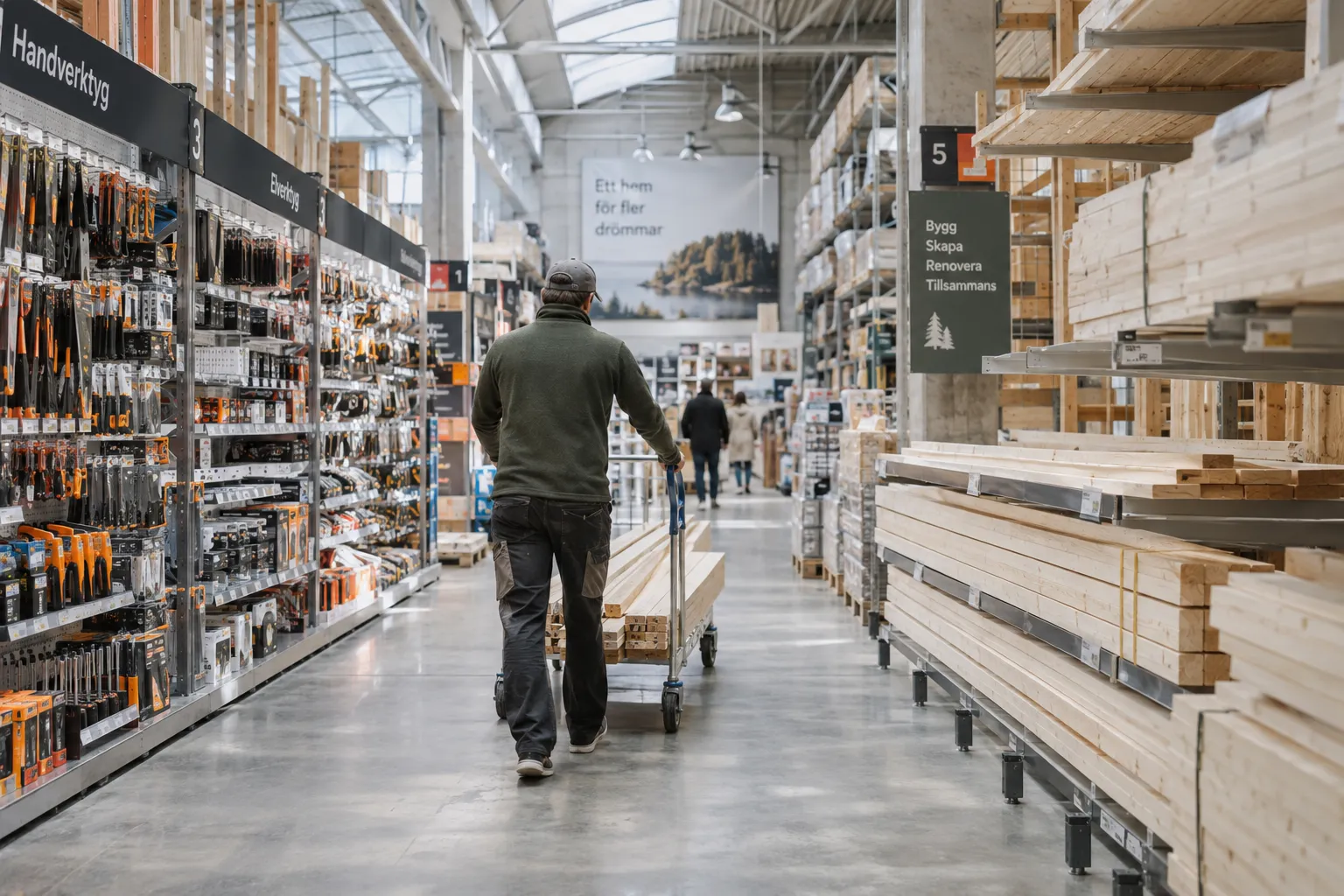 Kunde med plattformtralle i en bred gang i en byggevarehandel