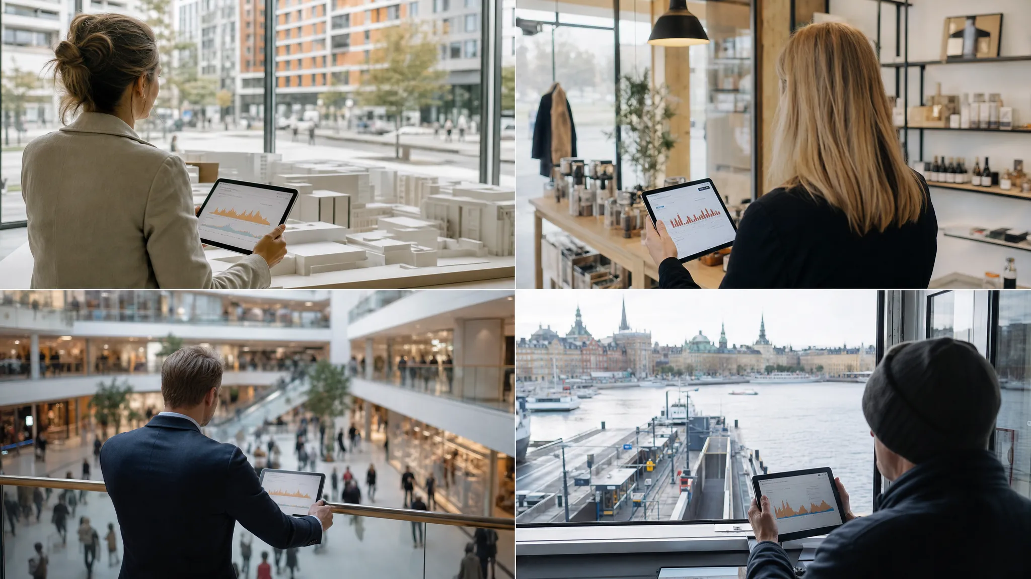 Olika yrkespersoner, sedda bakifrån, som använder besöksdata på surfplattor i sina egna nordiska miljöer.