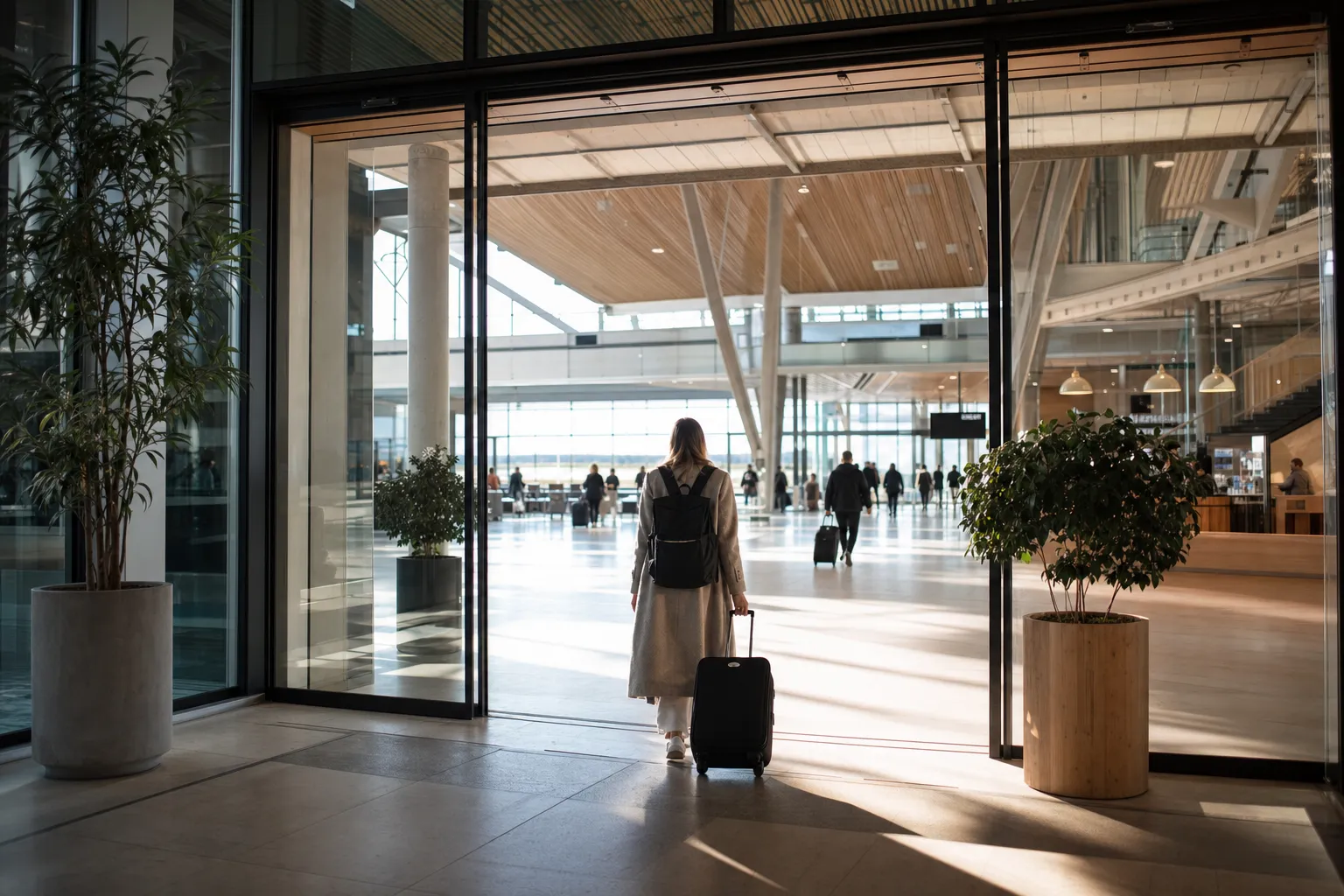 Un voyageur entrant dans un terminal d'aéroport nordique lumineux, le vaste hall visible au-delà, illustrant dans une même scène la couverture ponctuelle et celle de tout l'espace.