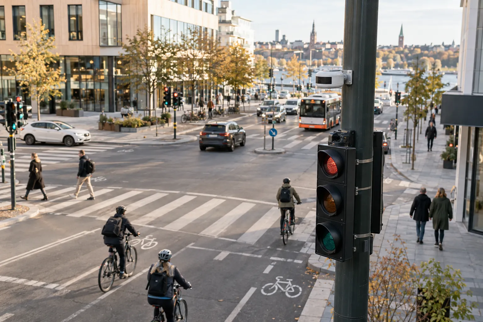 Veikryss i byen med en sensor på en lysstolpe