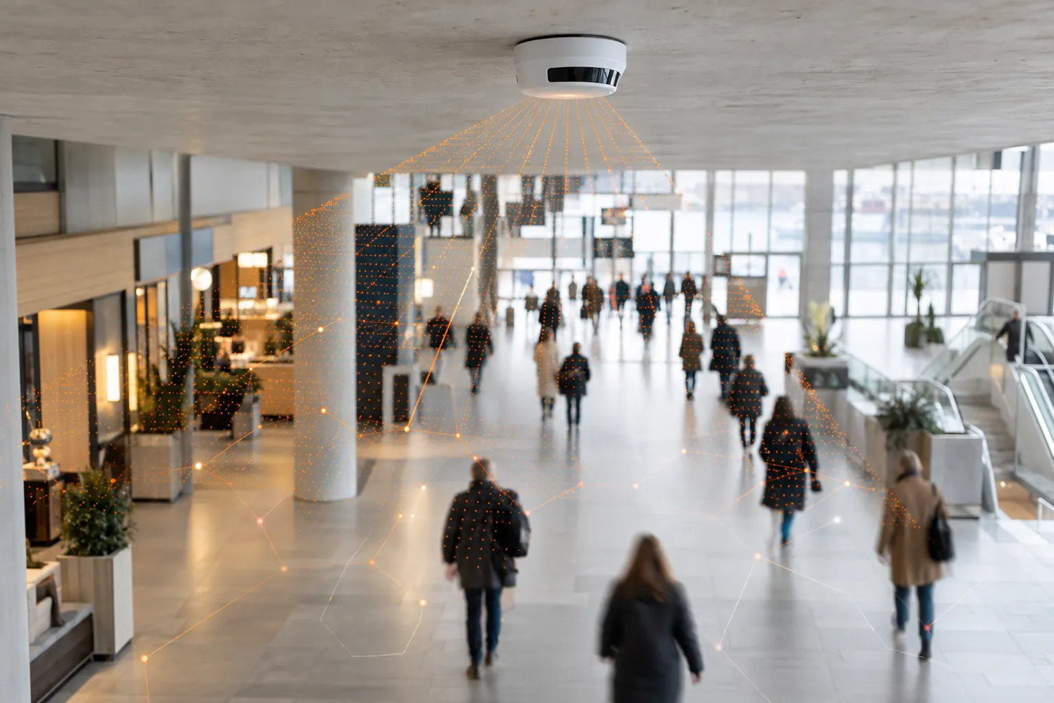 LiDAR-sensor i taket over en gangsone med mennesker som går under