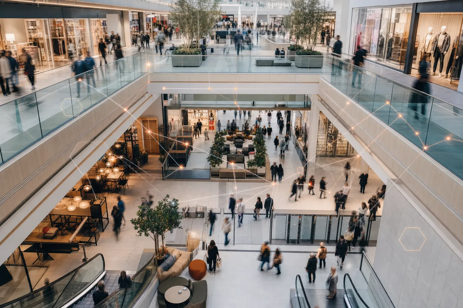 Ett ljust skandinaviskt köpcentrum i flera plan sett ovanifrån, med besökare som rör sig över våningsplanen i rörelseoskärpa, med ett svagt nätverksmönster ovanpå.