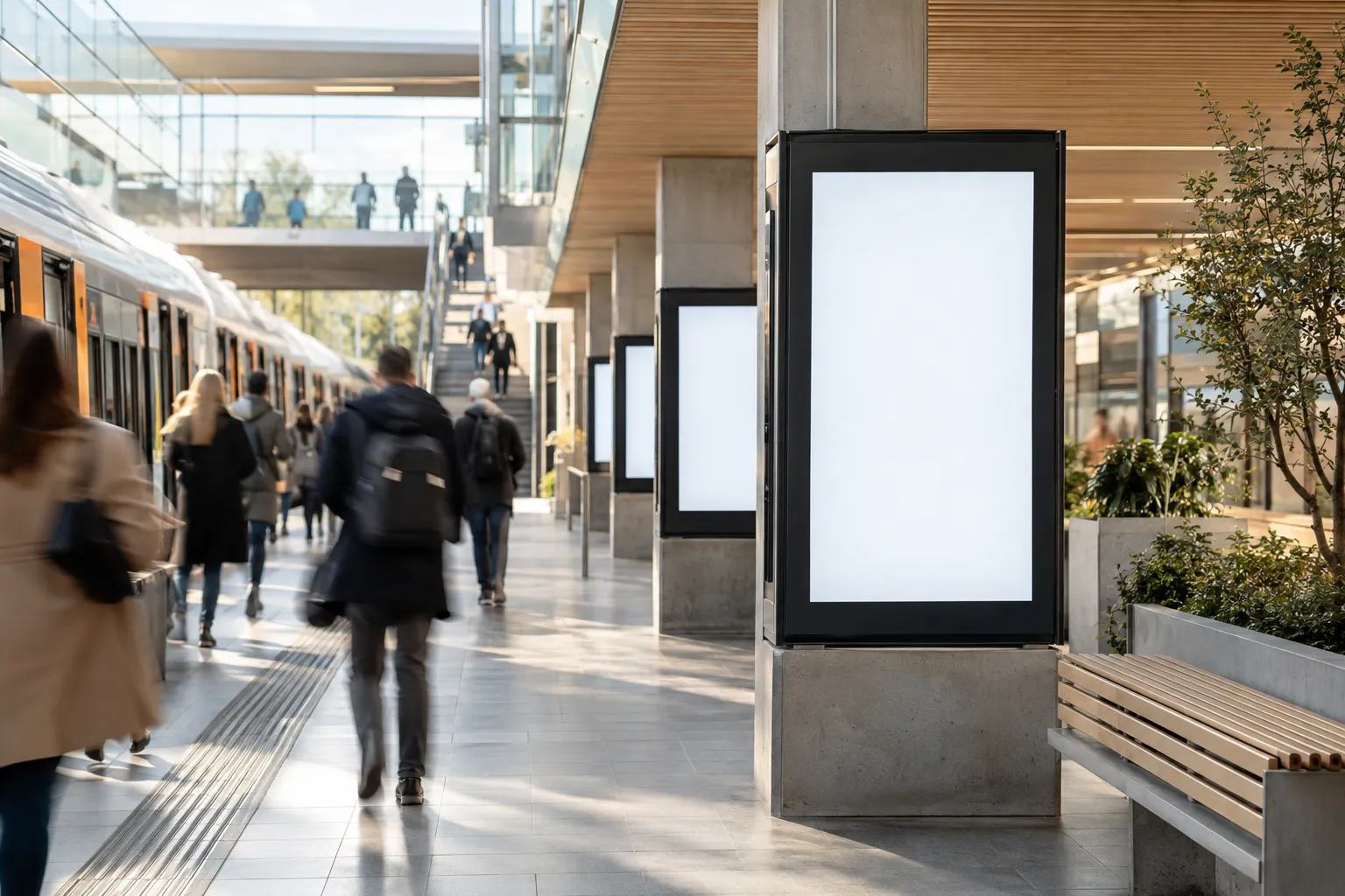 Digitale reklameskjermer langs en T-baneplattform