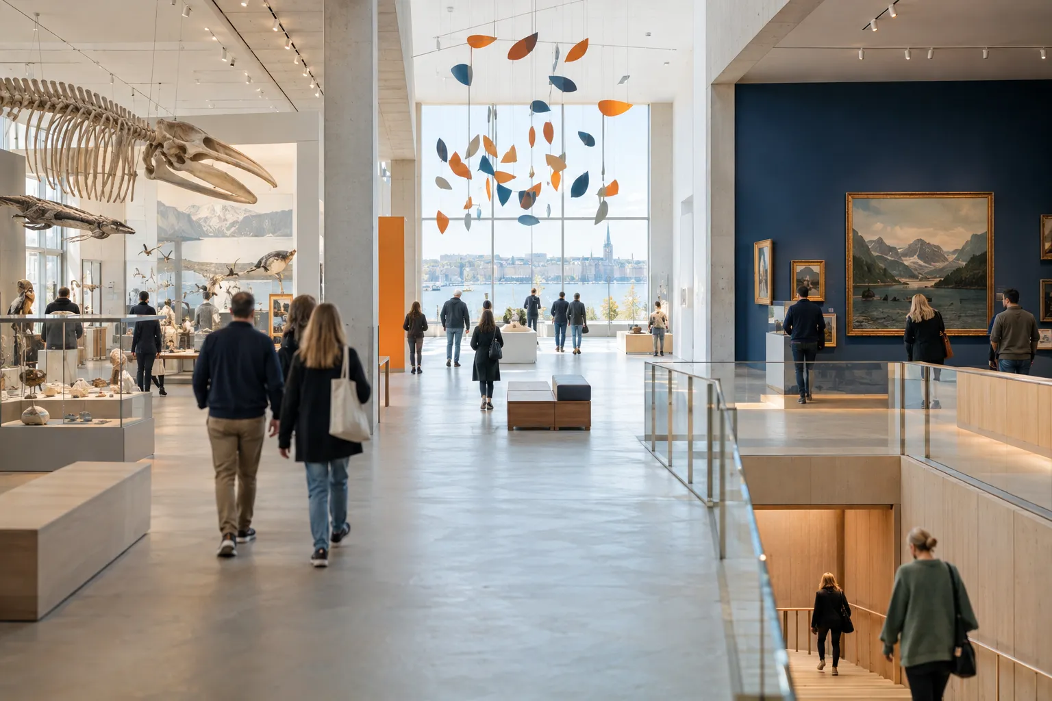 Besøkende i tre ulike museumssaler