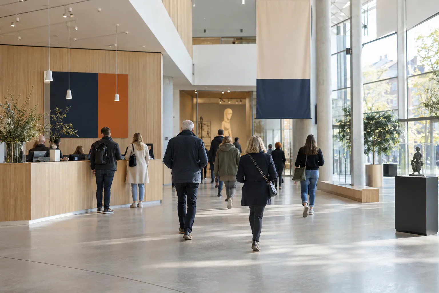 Besøkende ved billettskranken i en museumsinngang