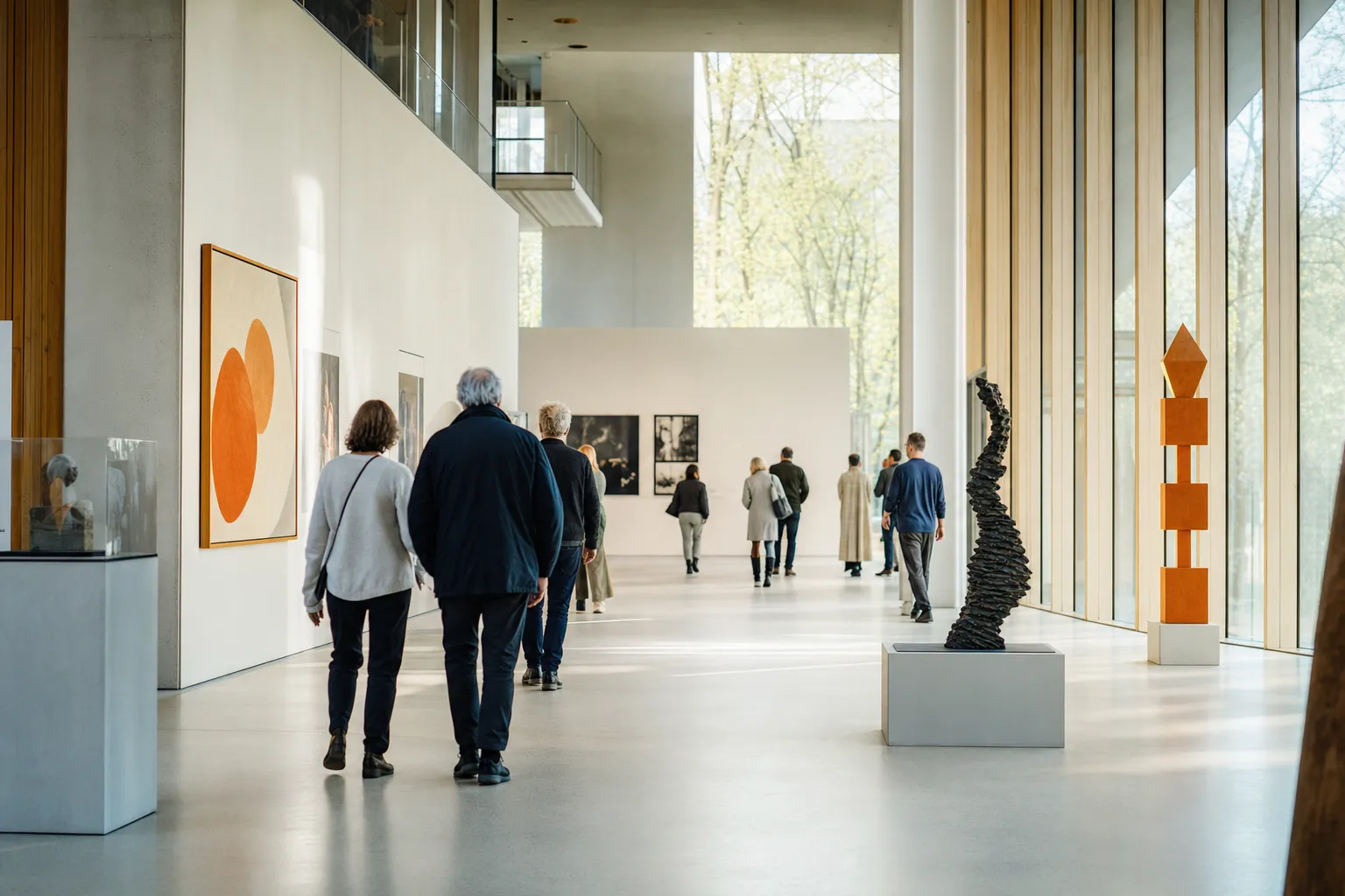 Besökare som rör sig mellan utställningsföremål i en ljus museisal, sedda bakifrån.