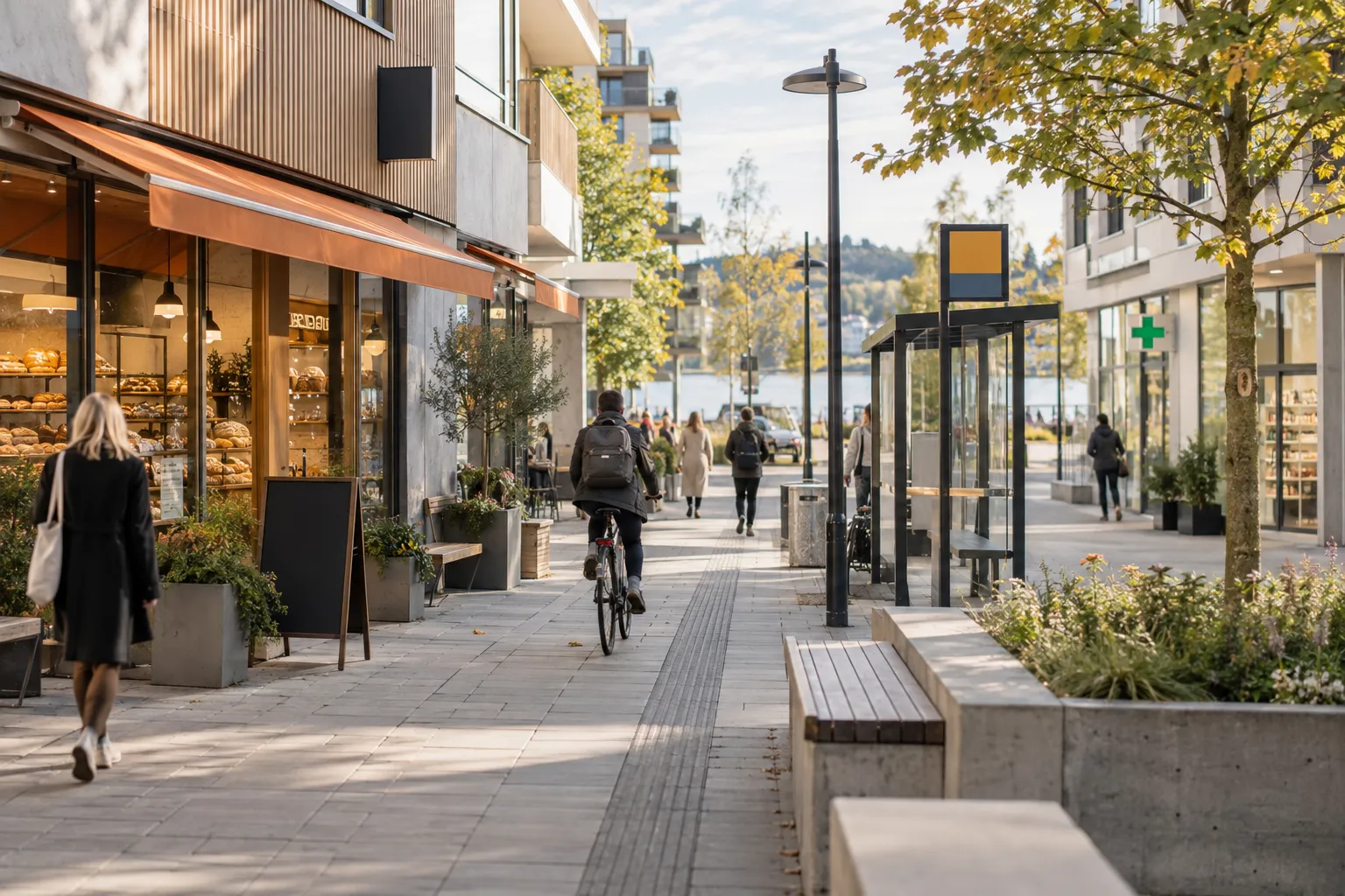 Morgenliv i et lokalsenter med bakeri og bussholdeplass