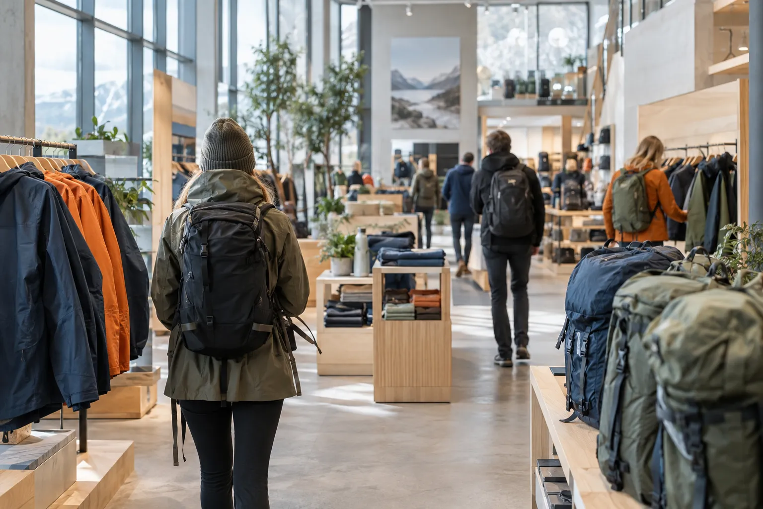 Kunder ser på jakker i en friluftsbutikk