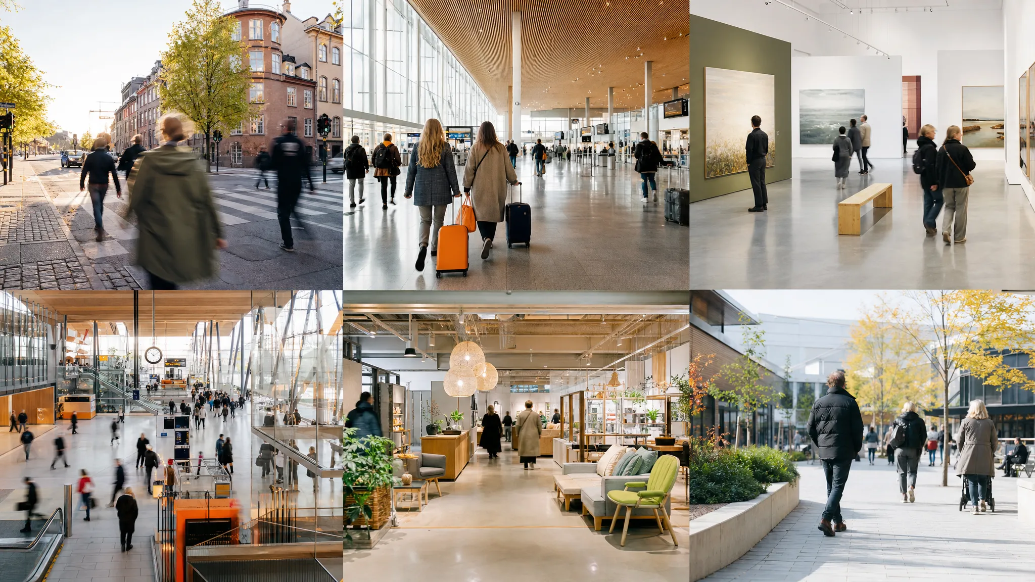 Un montaje de afluencia en calles urbanas, aeropuertos, museos, nodos de transporte y parques comerciales.
