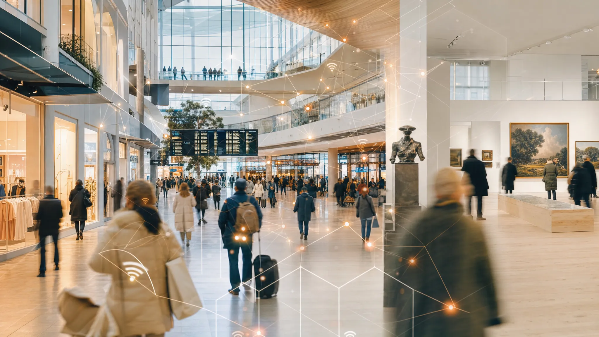 Flux de piétons dans une rue commerçante scandinave, un terminal d’aéroport et un musée, avec un léger maillage de réseau en surimpression.