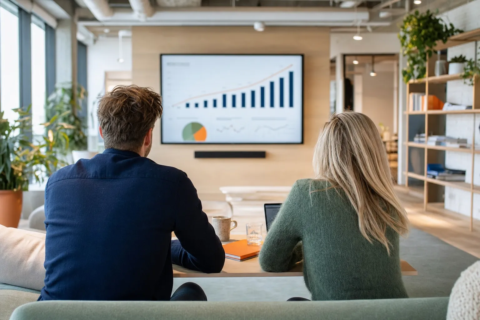 En partner och en kund, sedda bakifrån, går igenom en dashboard med positiva resultat på en väggskärm i ett ljust kontor.