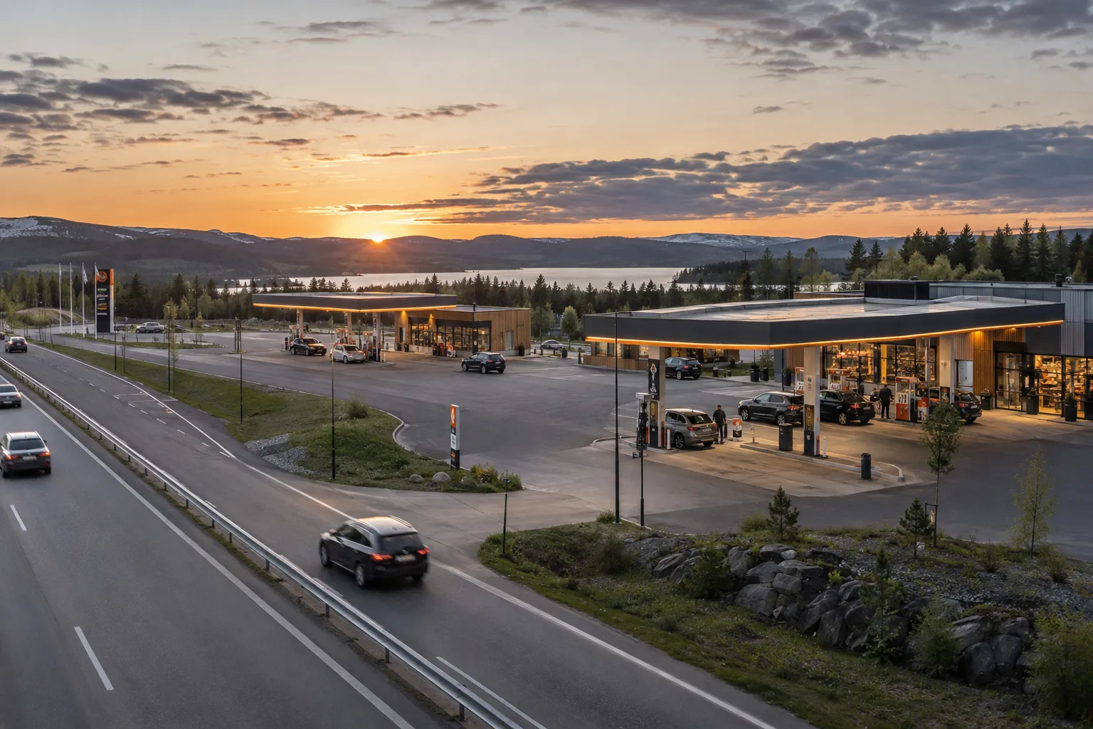 Flere bensinstasjoner langs en motorvei, opplyst i skumringen
