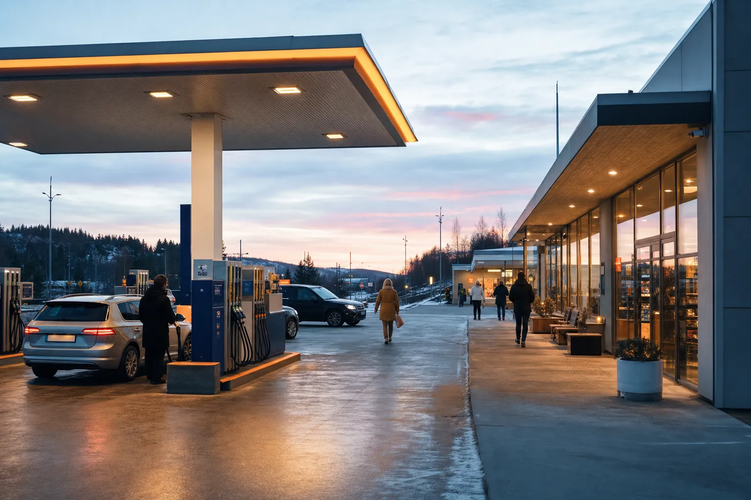 Ett pumpområde på en bensinstation i skymningen, där en kund går från pumparna mot den upplysta butiken.