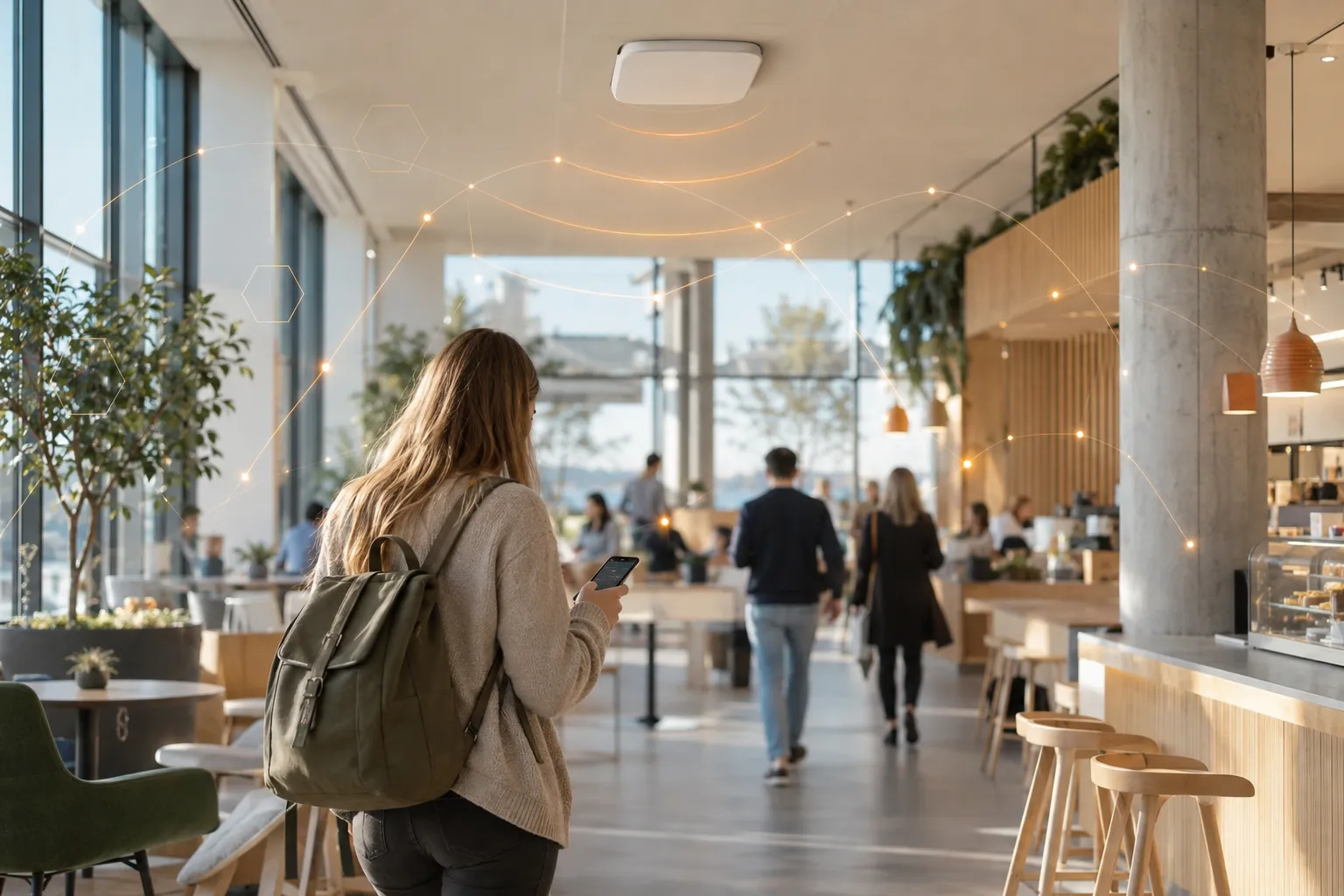 En smarttelefon søker etter Wi-Fi nær et tilgangspunkt i taket