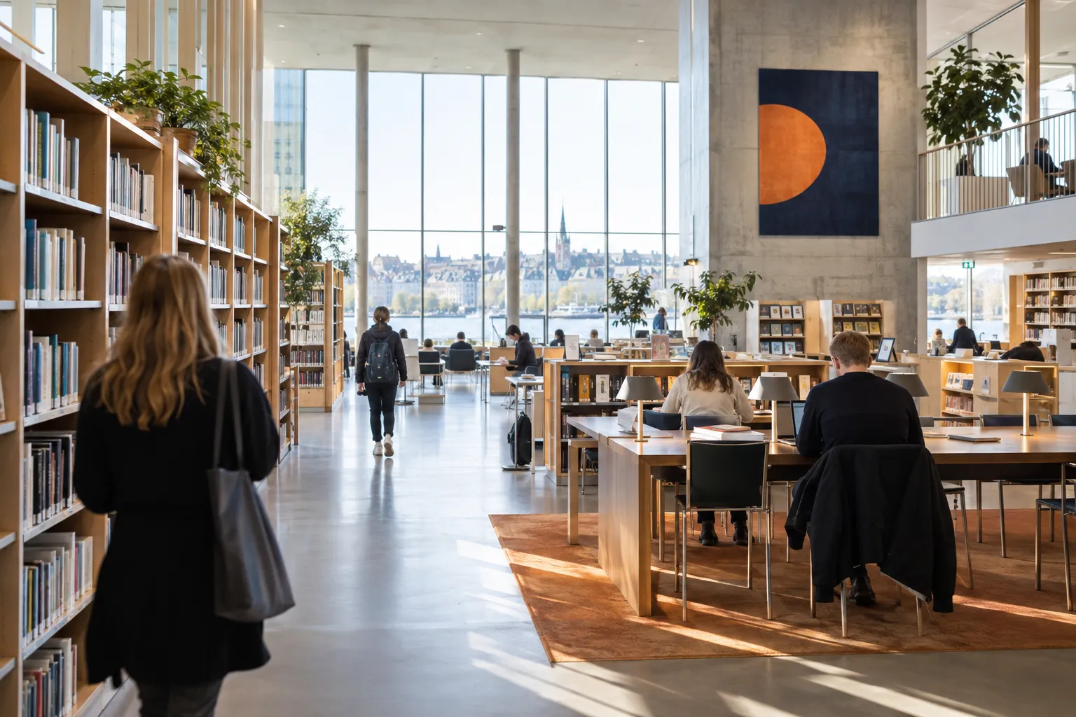 Besøkende ved hyller og lesesplasser på et lyst folkebibliotek