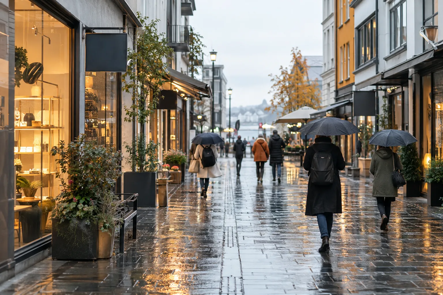 Regnvær i en handlegate med paraplyer og våt brostein