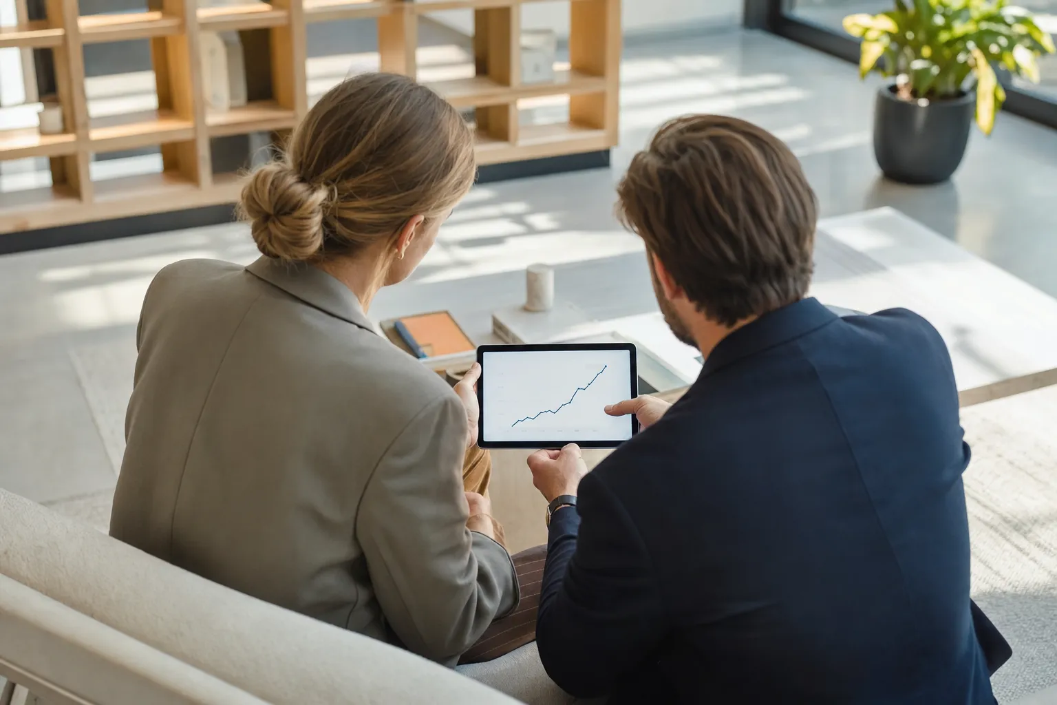 Due partner, ripresi di spalle, esaminano cifre e un grafico in crescita su un tablet in un ufficio moderno.