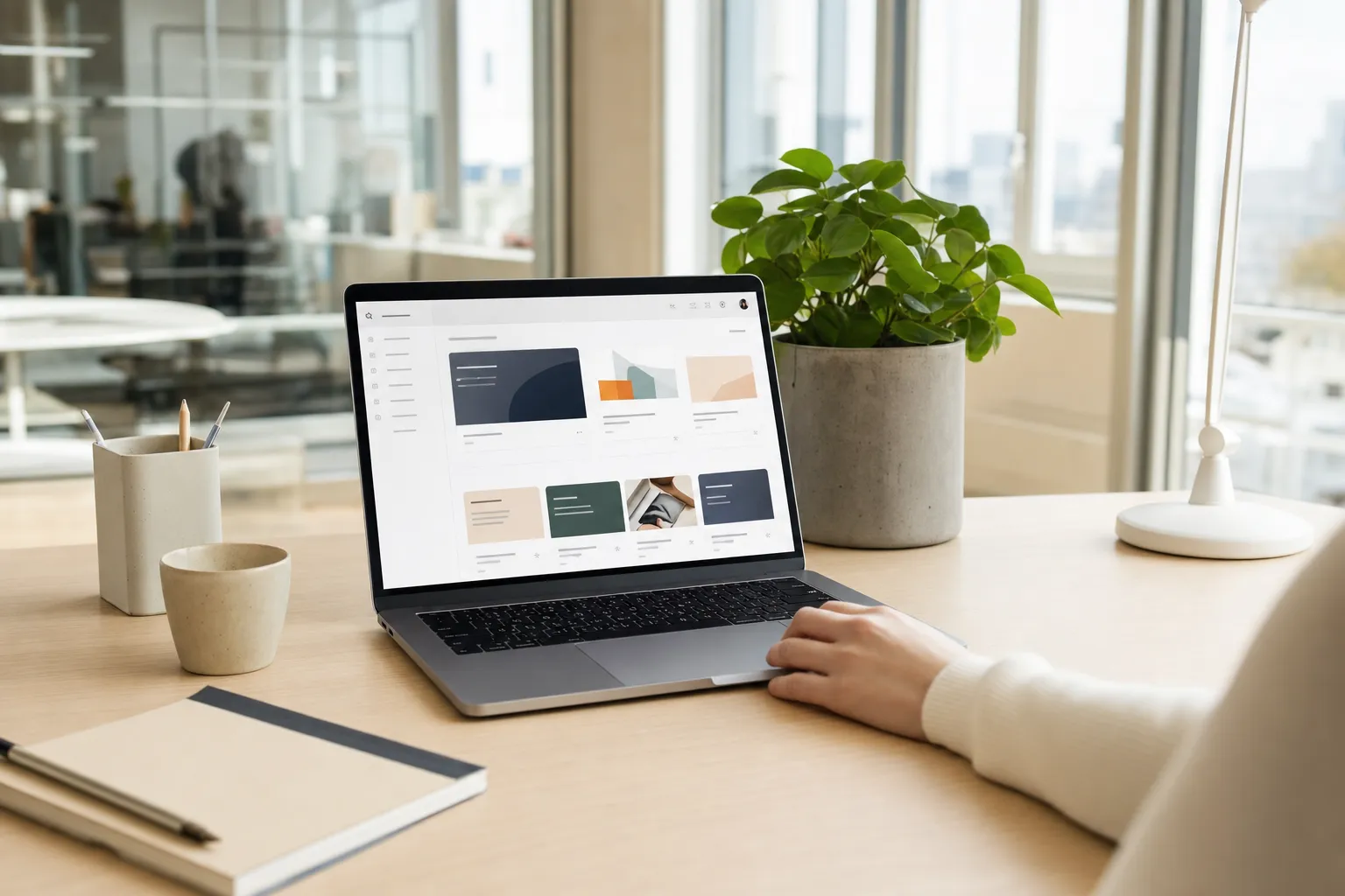 En laptop på ett prydligt nordiskt skrivbord med ett välordnat partnerresursbibliotek på skärmen, dagsljus och en växt.