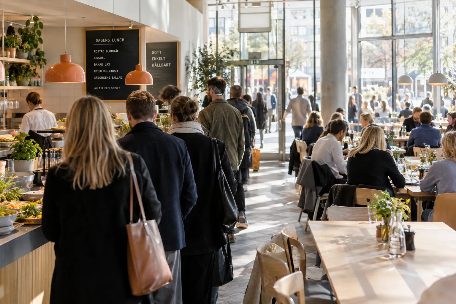 Lunsjrush på en restaurant med gjester i kø ved disken