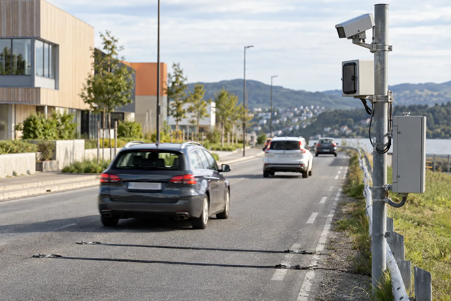 Trafikktelleutstyr i veikanten: slanger, radar og et kamera på en stolpe