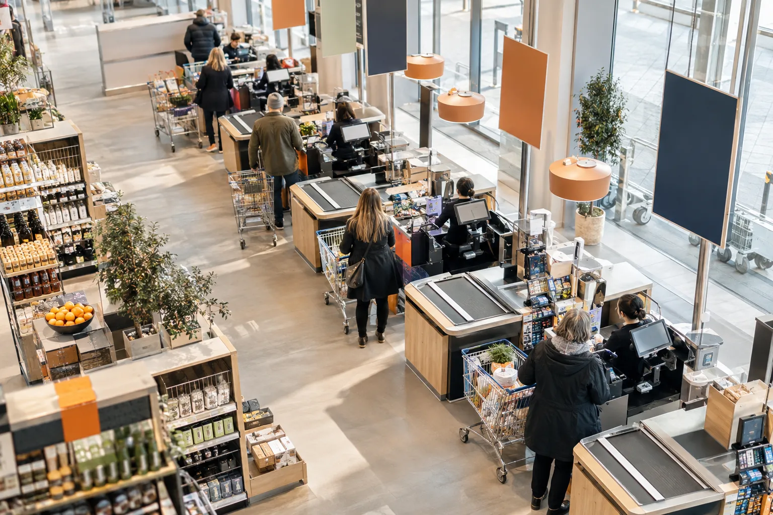 Kunder ved en rekke kasser i en butikk