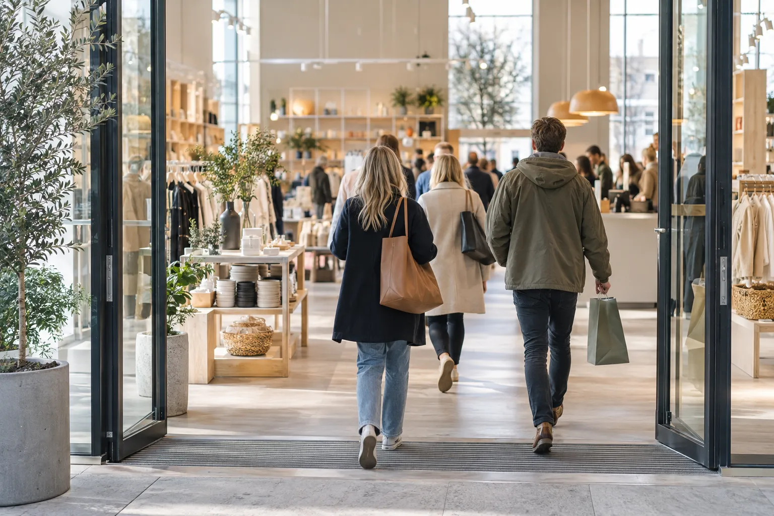 Kunder går inn i en lys butikk fra en gågate