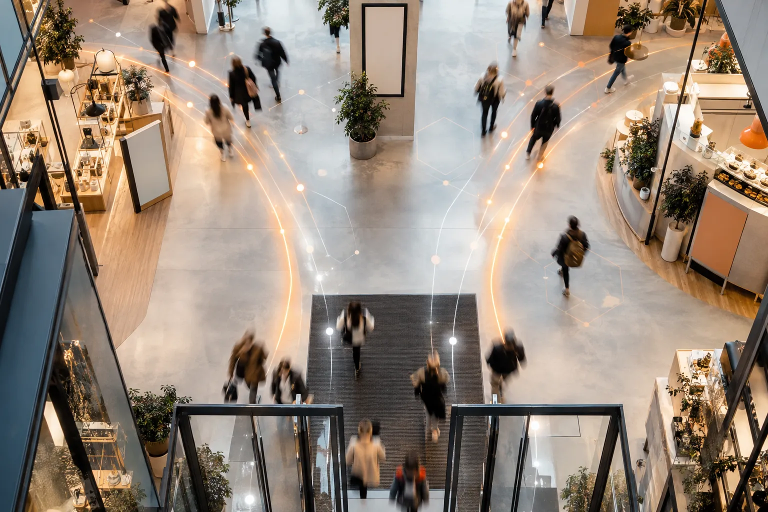 Sett ovenfra: kundene deler seg til venstre og høyre ved butikkinngangen