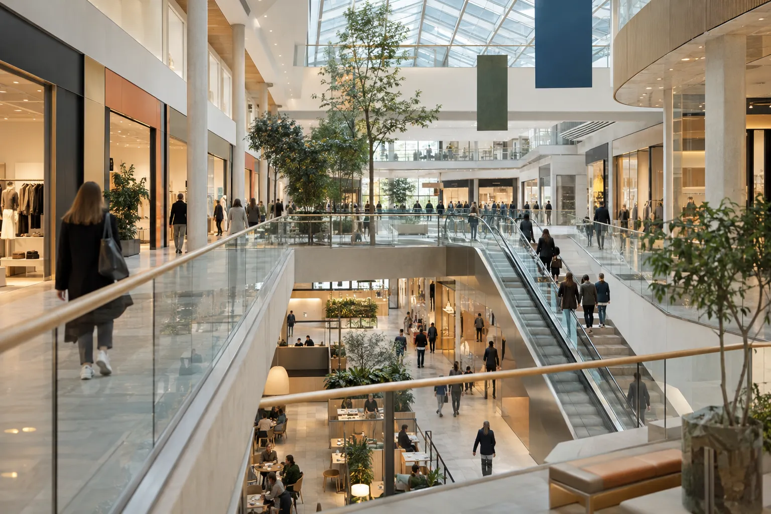 Interiør fra et kjøpesenter i flere etasjer med besøkende